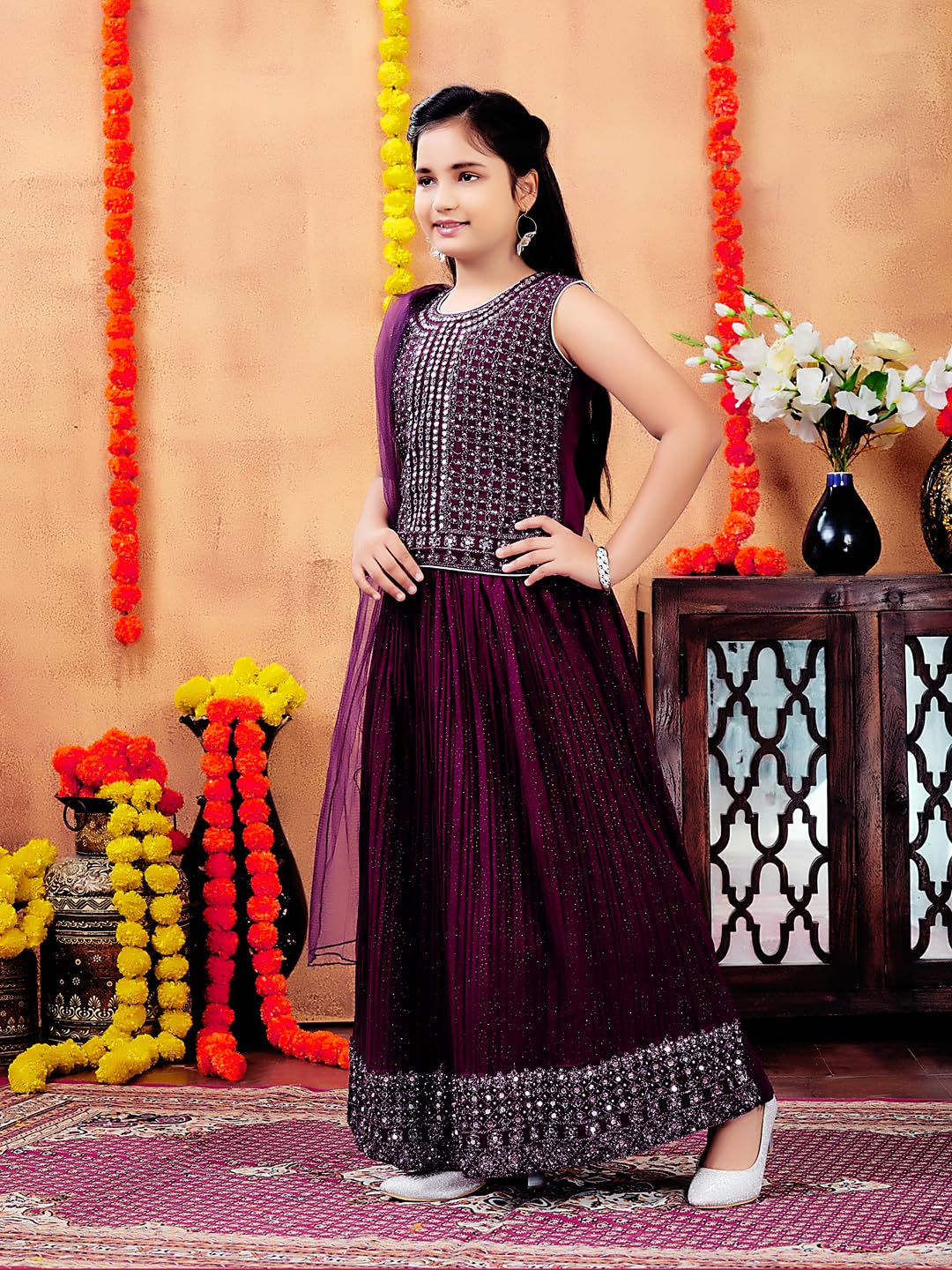 Aarika Girls Ethnic Wear Purple Colour Mirror Embroidery Georgette Lehenga Choli Set (4-10 Years)