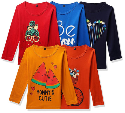 T2F Girls Cotton Printed Regular Fit Full Sleeve T-Shirt(Pack of 5)