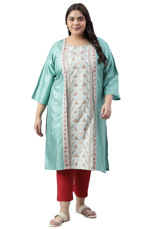 W for Woman Green and Ecru Mock Layered Printed Plus Size Kurta