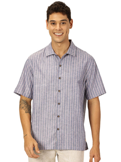 Thomas Scott Premium Linen Blend Half Sleeves Spread Collar Striped Casual Shirt for Mens Navy Blue