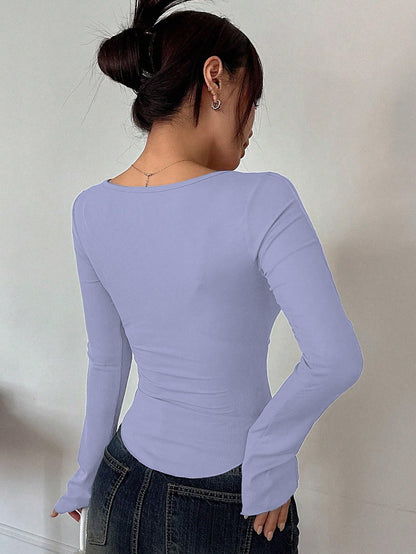 Sugathari Womens Sky Blue Solid Long Sleeve Wrap-Style Square Split Crew Neck Bodycon Women T-Shirt Spring and Summer, Minimali