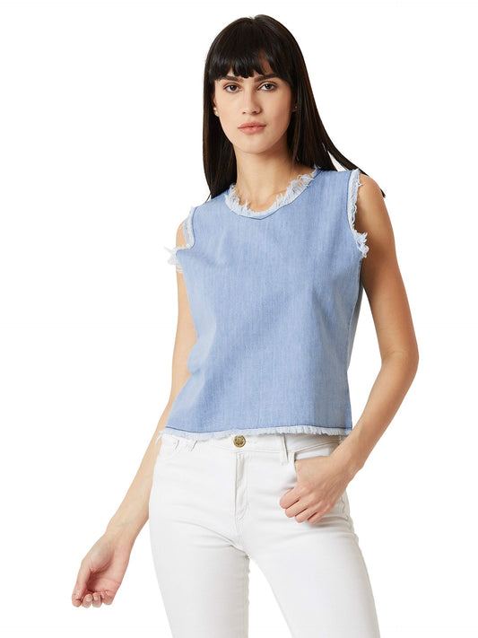 Dolce Crudo Womens Light Blue Round Neck Sleeveless Denim Solid Detailing Denim Crop Top (DOSS19DEN03-21-158-05, Light Blue, L)