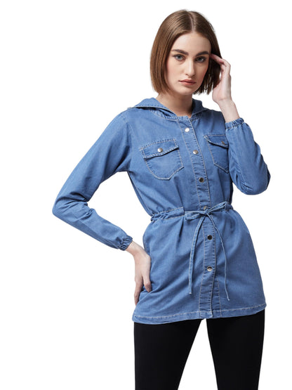 Miss Chase WomenS Round Neck Full Sleeve Hoody With Tie-Up Long Denim Jacket (Mcss25Den68-60-460-06, Aquamarine Blue, Xl)