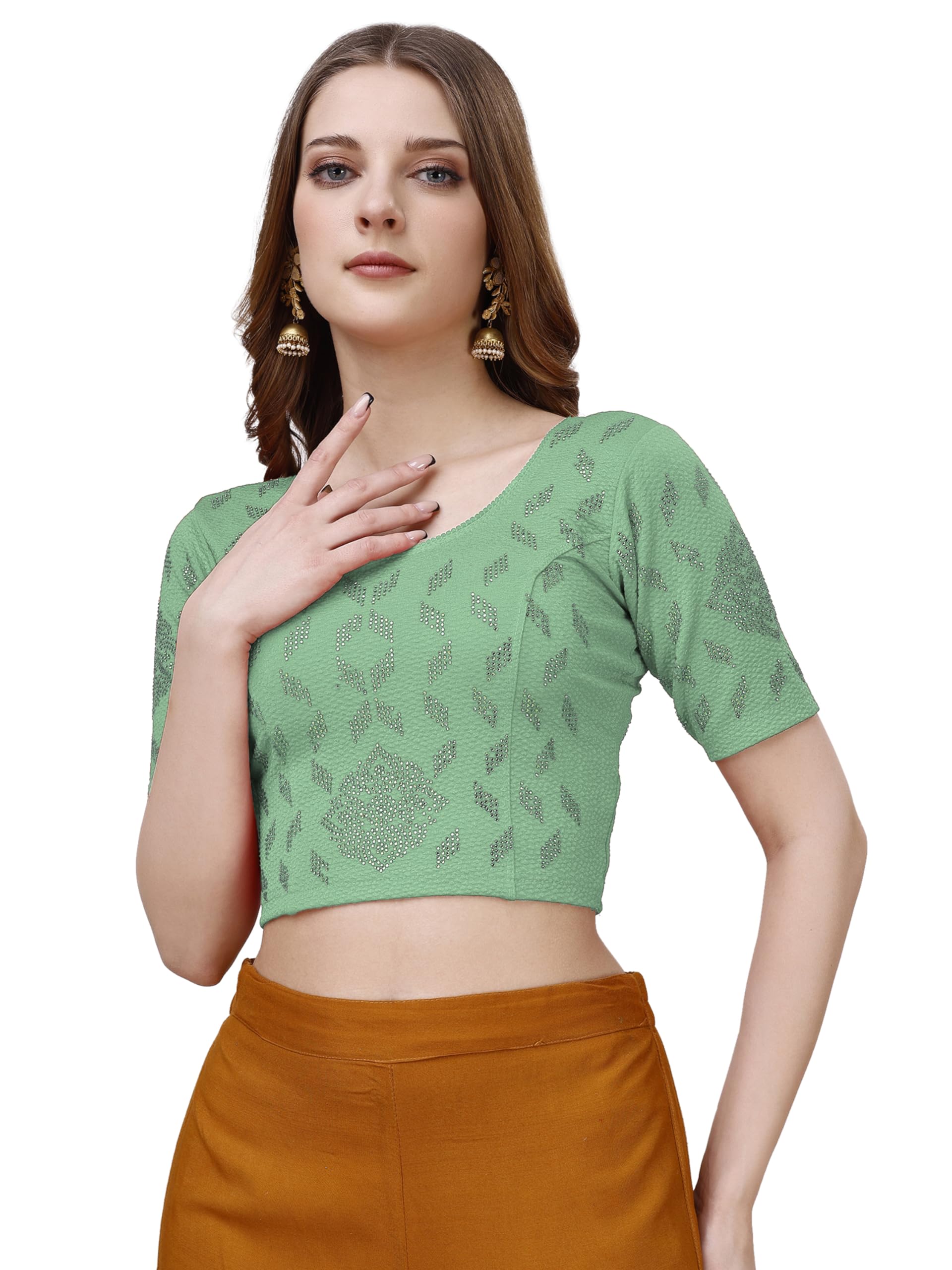 Vihu Fashion Womens Readymade Hosiery Lycra Stretchable Round Neck Half Sleeve Blouse with swaroski Work Fancy Lycra Stretchabl