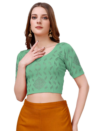 Vihu Fashion Womens Readymade Hosiery Lycra Stretchable Round Neck Half Sleeve Blouse with swaroski Work Fancy Lycra Stretchabl