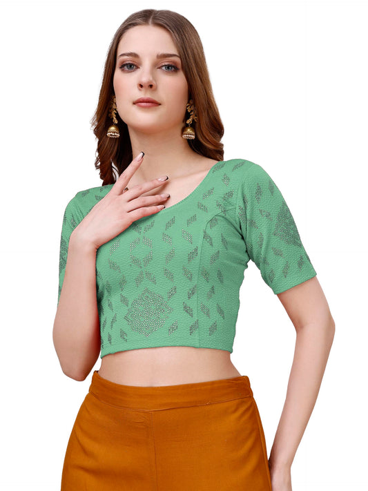 Vihu Fashion Womens Readymade Hosiery Lycra Stretchable Round Neck Half Sleeve Blouse with swaroski Work Fancy Lycra Stretchabl