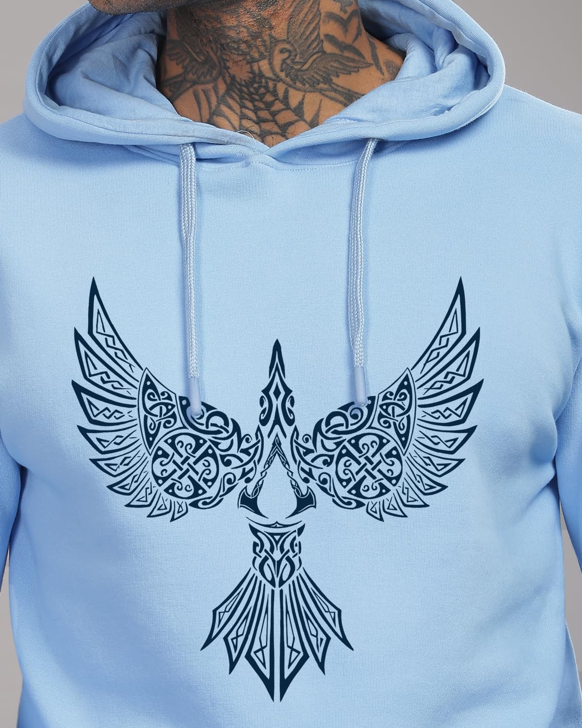 ADRO Men's Cotton Neck Hooded Sweatshirt (H24-BIRD-SK_Sky Blue