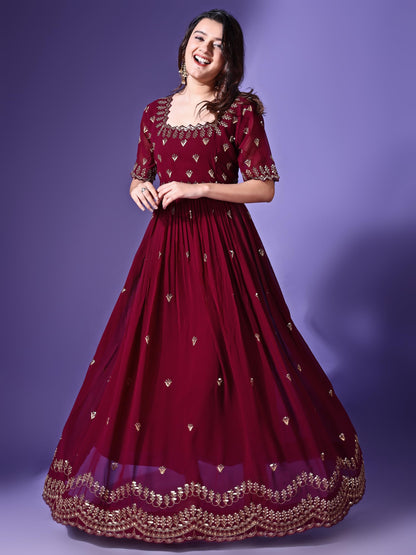 Fashion Basket Georgette Embroidered Long Gown For Women Maroon