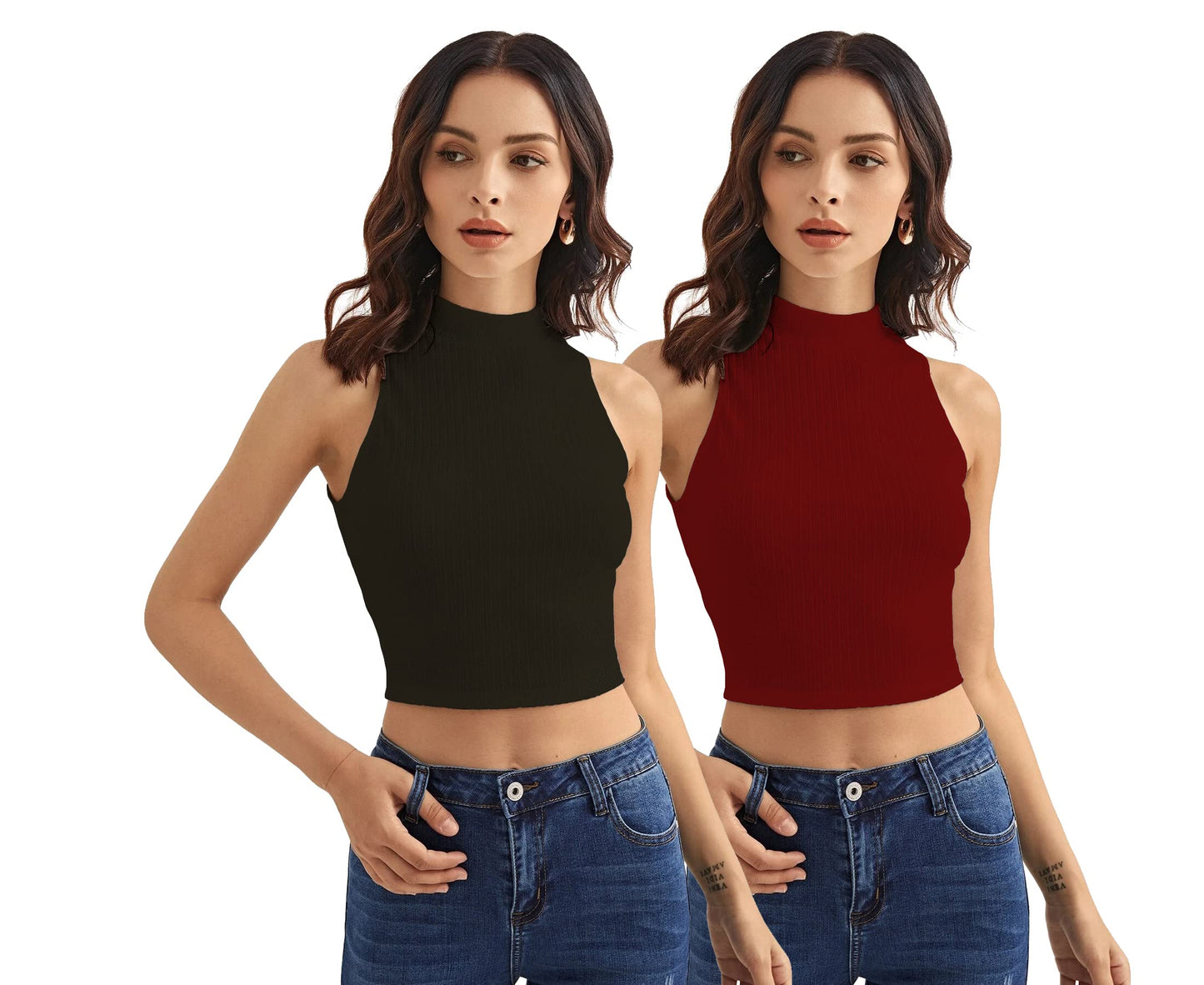 Shasmi Womens & Girls Solid Ribbed Round Neck Collarless Sleeveless Slim Fit Simplicity Tank Tops (Pack of 2) (TOP 37 Black Ma