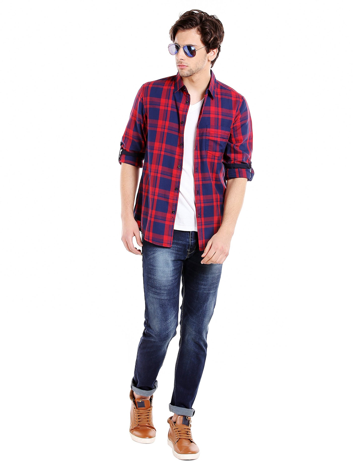 Dennis Lingo MenS Red Checkered Full Sleeves Slim Fit Cotton Casual Shirt