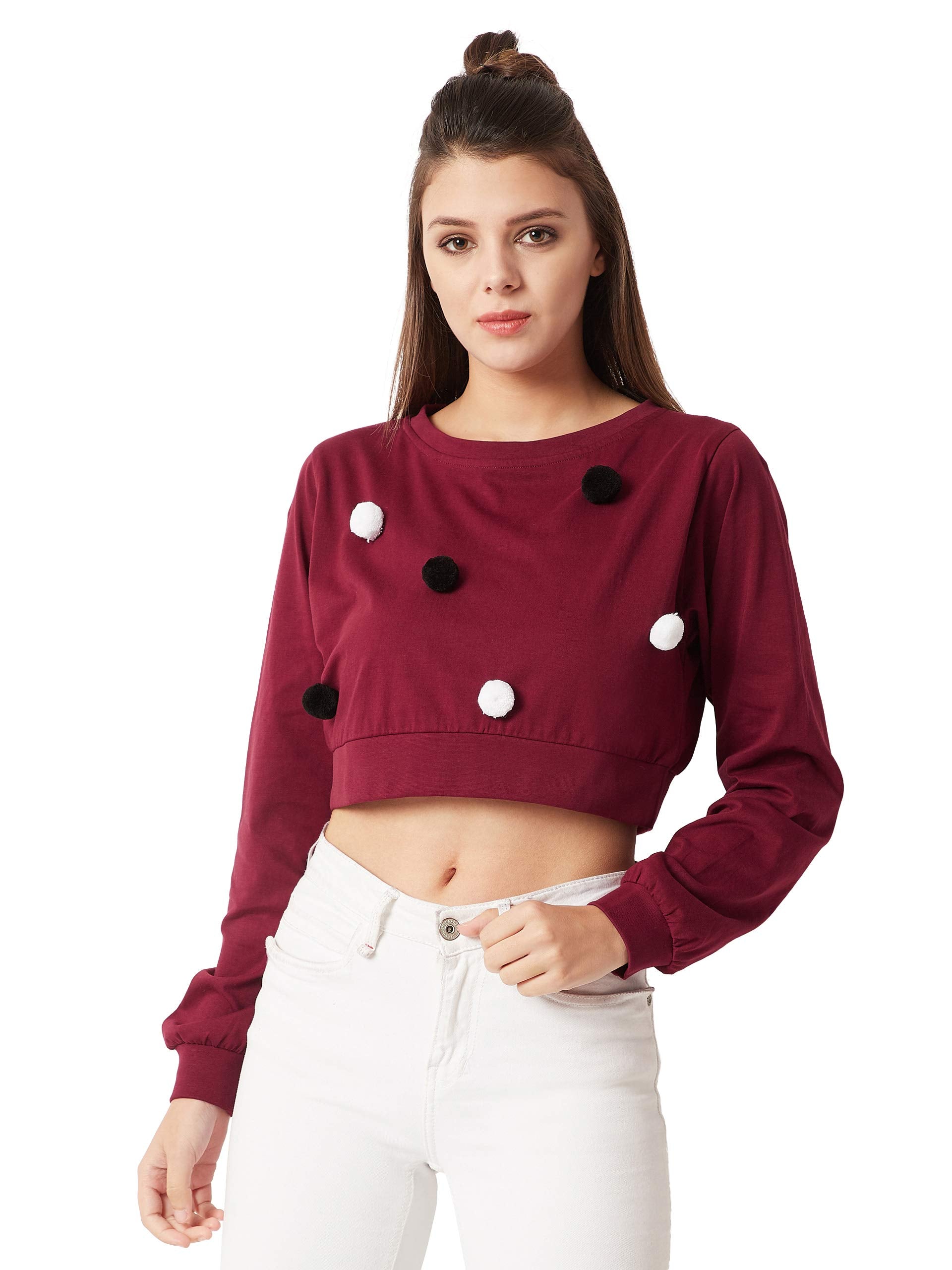 Miss Chase WomenS Maroon Cotton Pompom Crop Top(Mcaw18Tp11-77-143-06_Maroon_X-Large)