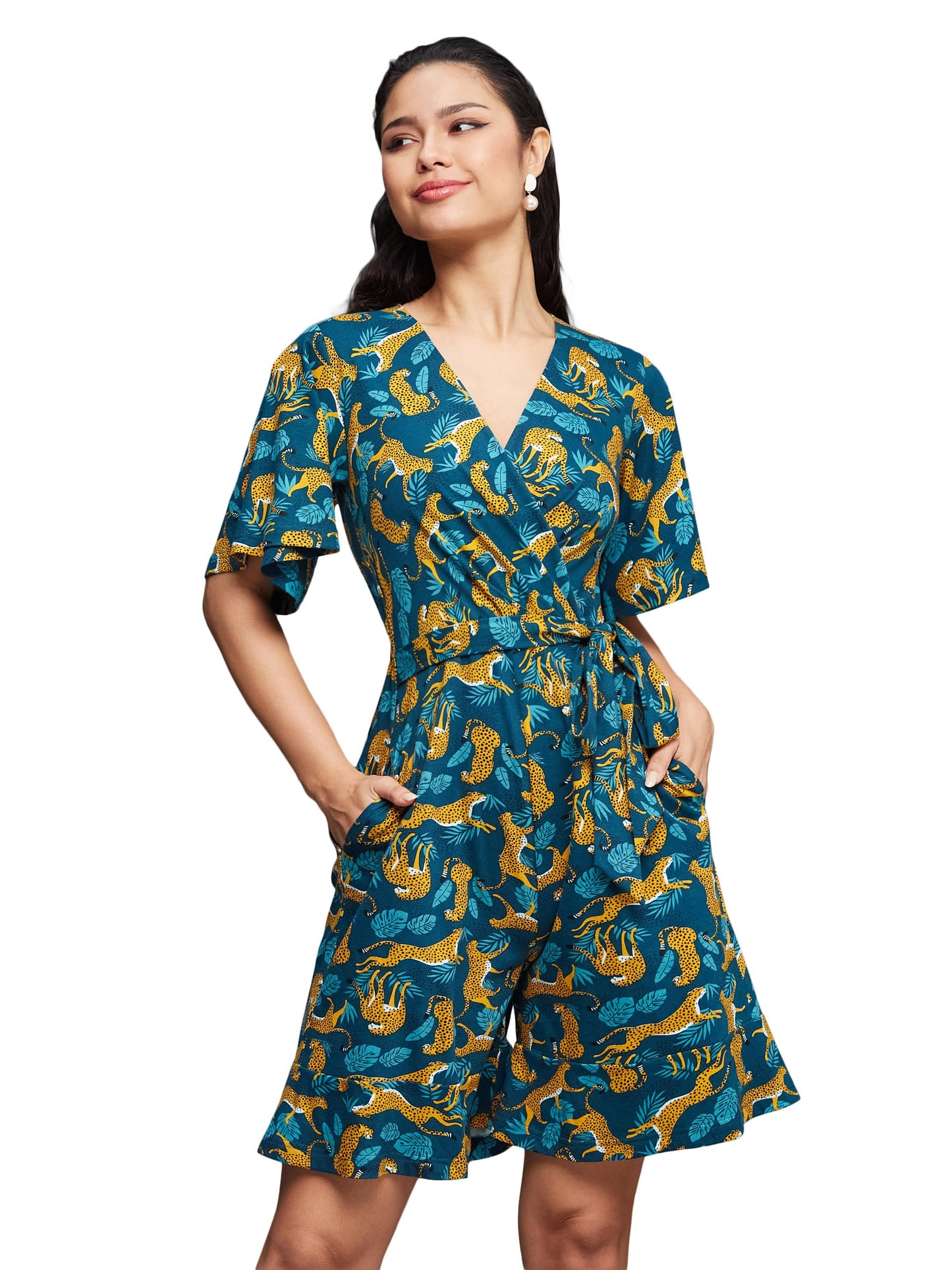 Miss Chase WomenS V-Neck Half Sleeve Animal Patterned Wrap Styled Pure Cotton Knee Long Playsuit With Pockets (Mcss24D19-12-306