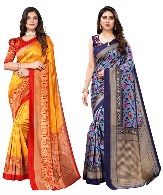 Yashika Womens Combo Art Silk Printed Saree With Blouse Piece Pack Of 2(MINALI MUSTARD-SWATI NAVY)