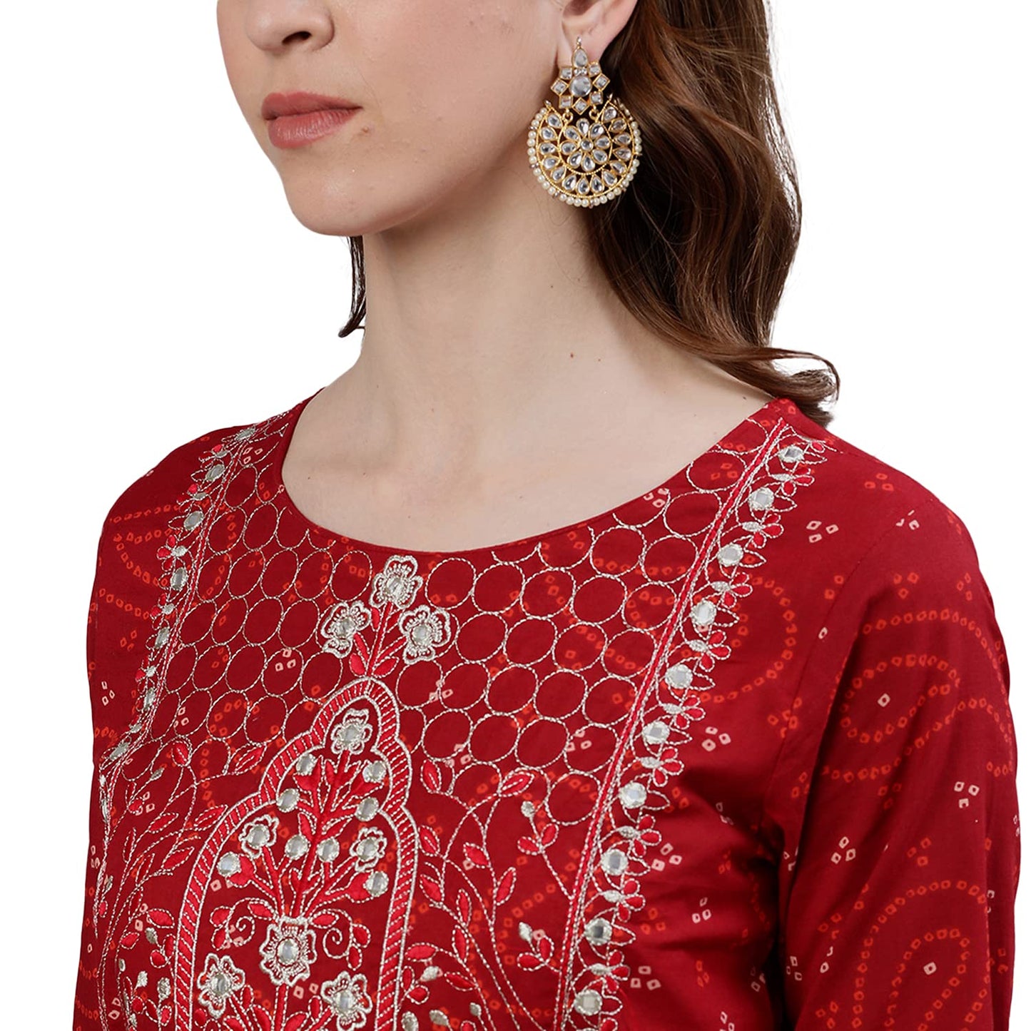 ishin Women's Cotton Anarkali Embellished Mirror Work Bandhani Print Maroon Kurti
