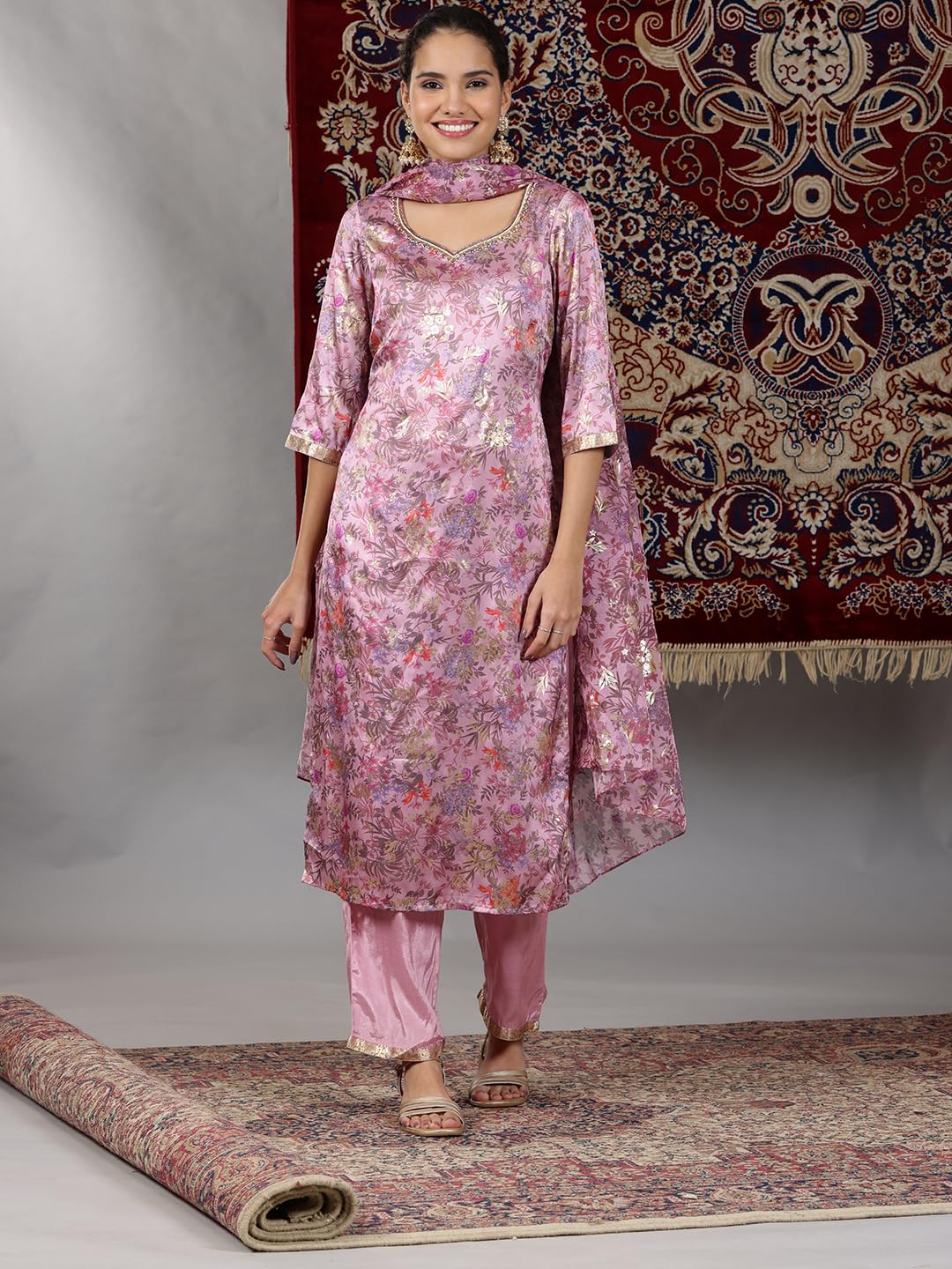Aurelia WomenS Floral Printed Straight Kurta Set With Palazzos And Dupatta For Women