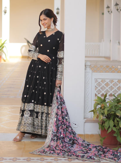 Fashion Basket Georgette Embroidered Dress For Women Black