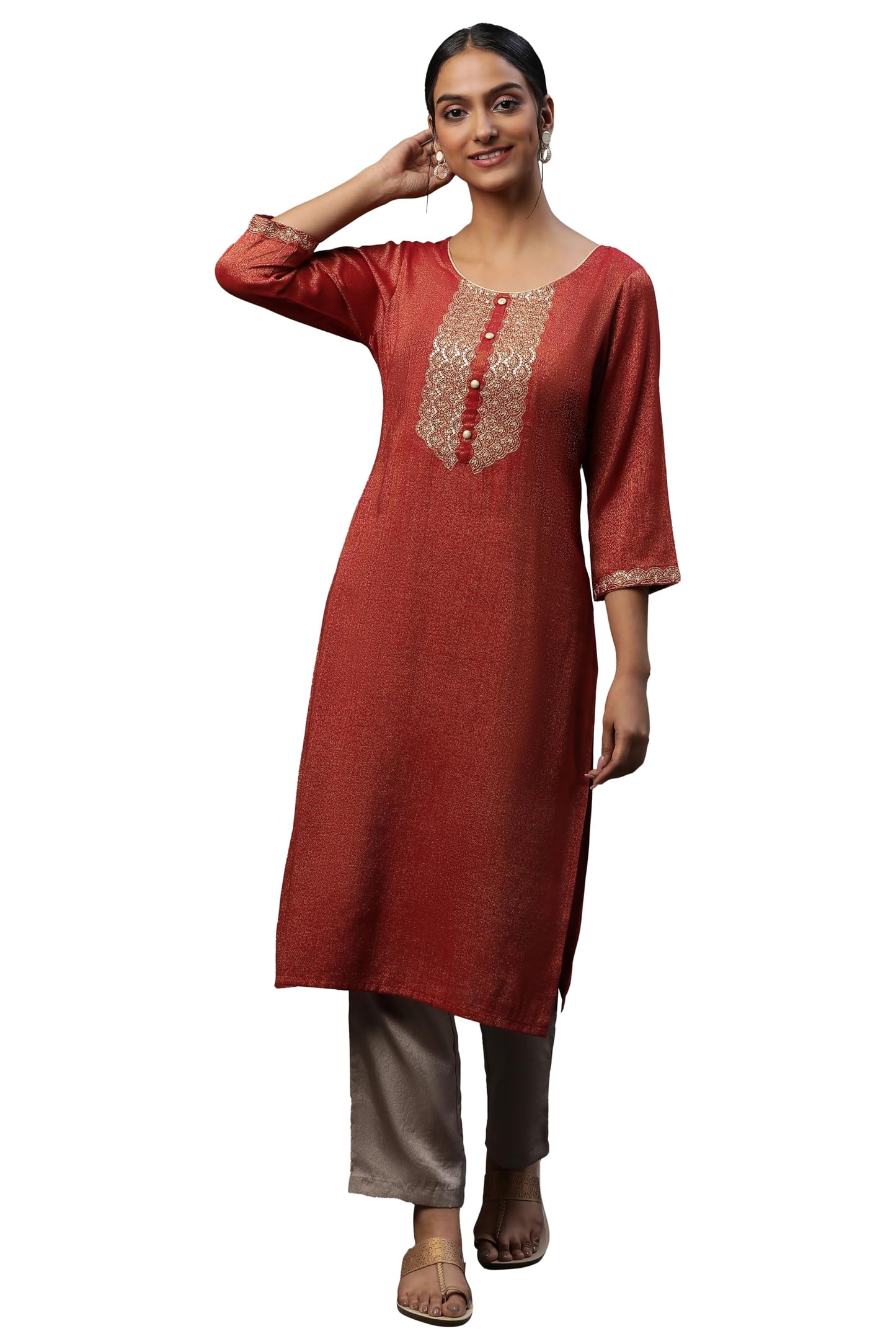 Red Yarn Dyed Embellished Kurta (Size: S)-23AUA12412-702895
