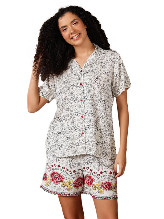 Clovia Womens Rayon Printed Button-Down Shirt & Shorts Set (LS0141B18_White_S)