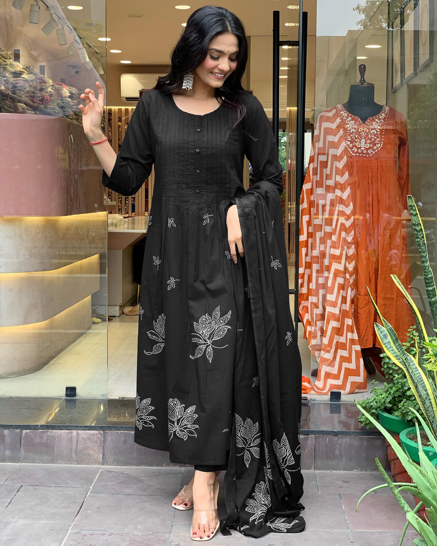 GoSriKi Women's Anarkali Viscose Kurta Set with Trousers & Dupatta, Small, Black, Model Gangori Wine-GS