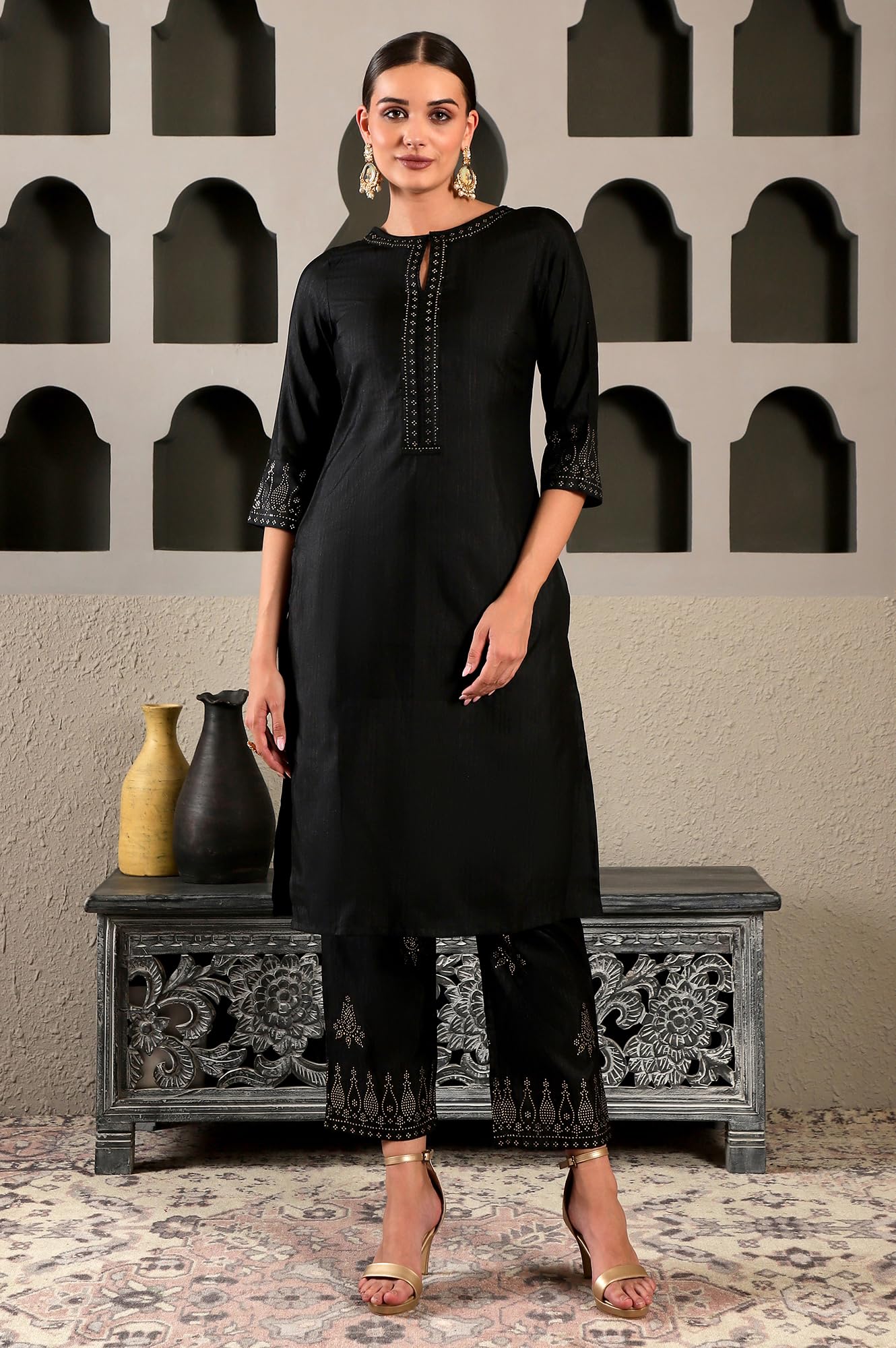 W Black Embellished Synthetic Kurta And Pant Set For Women