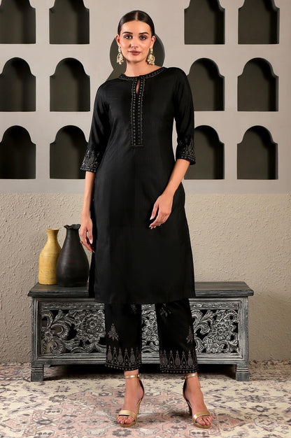 W Black Embellished Synthetic Kurta And Pant Set For Women