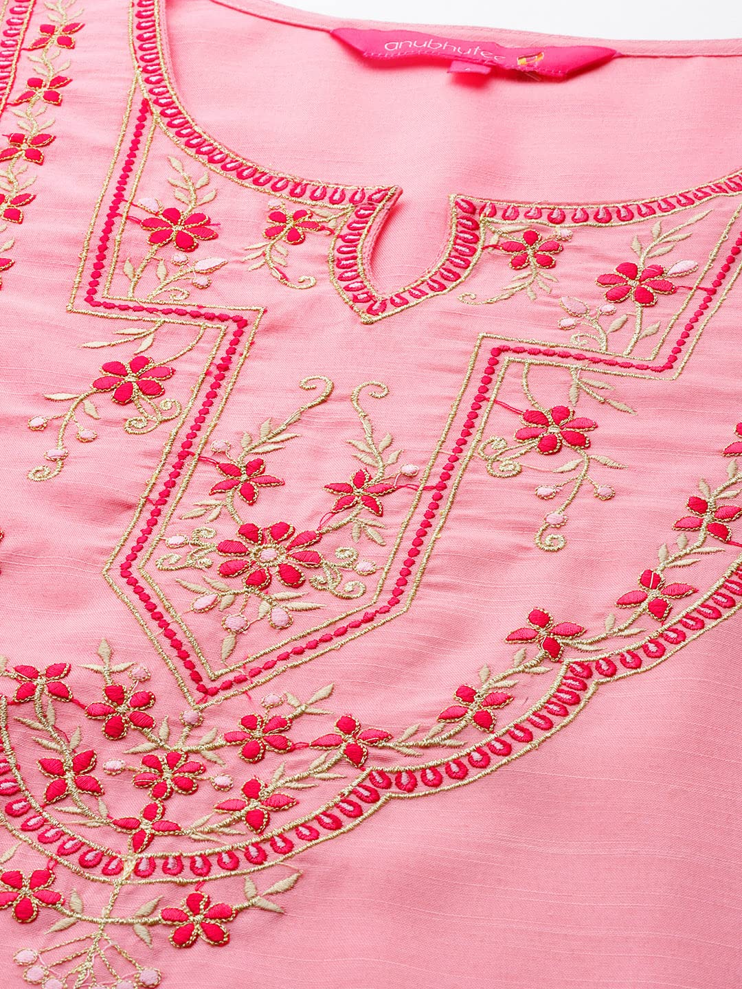 anubhutee Women's Pink Yoke Floral Embroidered Kurta set with Trousers and Dupatta