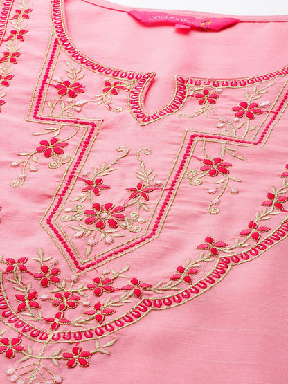anubhutee Women's Pink Yoke Floral Embroidered Kurta set with Trousers and Dupatta