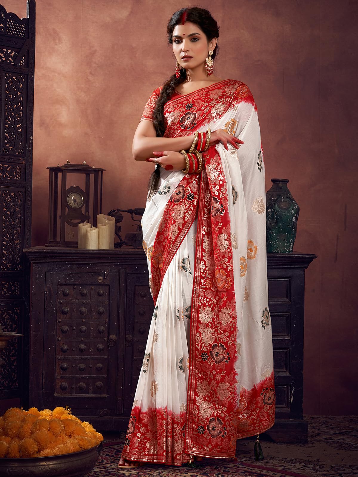 Satrani WomenS Navratri Special Cotton Silk Banarasi Jacquard Durga Puja Special Bengali Saree With Unstitched Blouse Piece (38