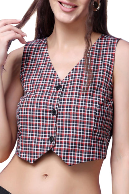 POPWINGS Casual Check Printed V-Neck Sleeveless Button Closure Waistcoat Crop Top for Women || Stylish Western Woman Crop Top fo