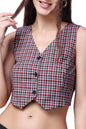 POPWINGS Casual Check Printed V-Neck Sleeveless Button Closure Waistcoat Crop Top for Women || Stylish Western Woman Crop Top fo