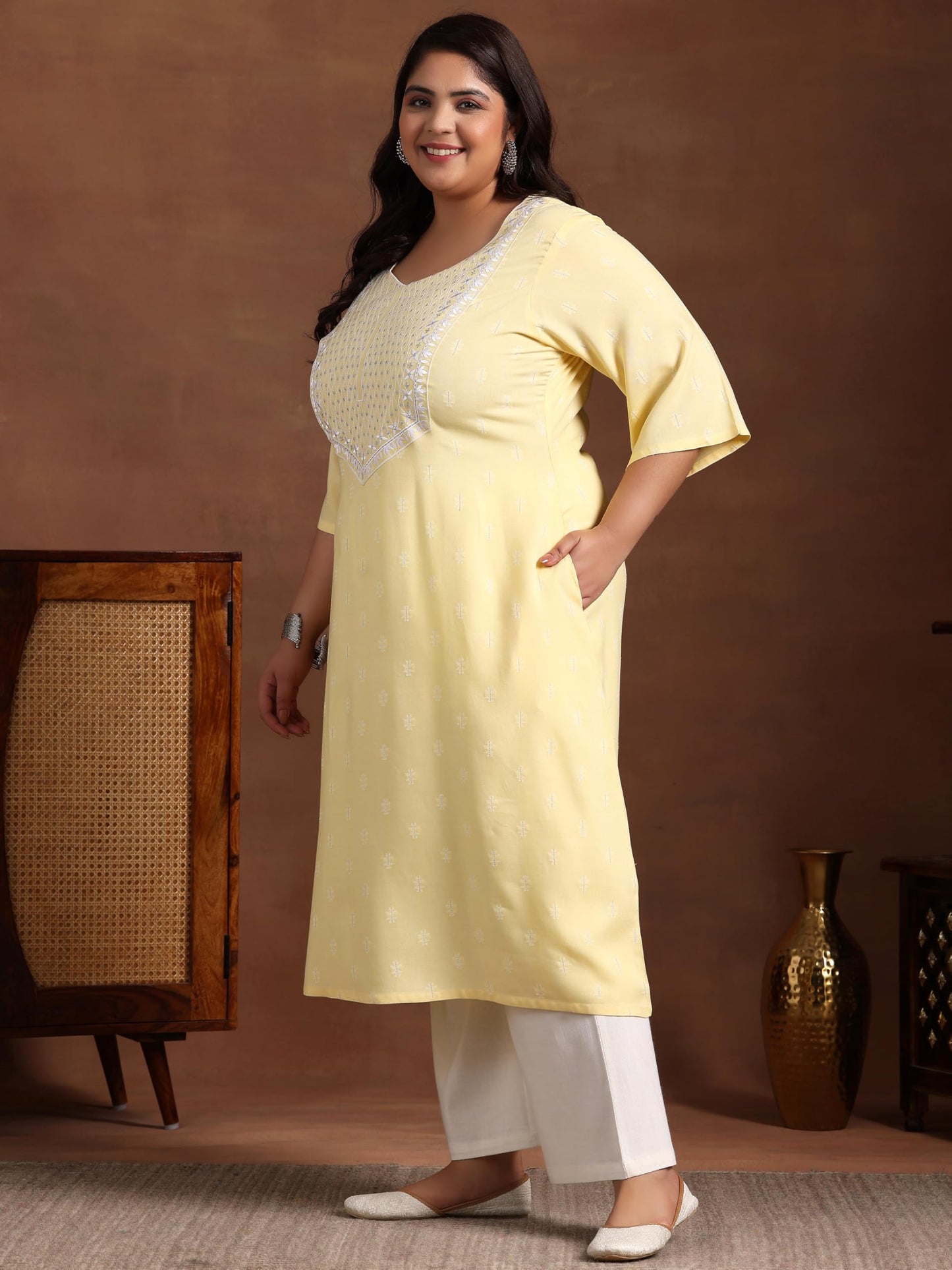 Extra Love By Libas Women'S Rayon Blend Woven Design Straight Kurta (25451_Yellow)