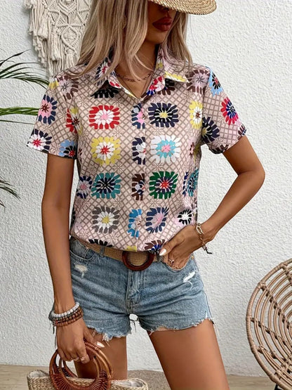 Gufrina WomenS Rayon Top With Half Sleeves Collar Neck Abstract Printed Regular Fit Western Style And Standard Length