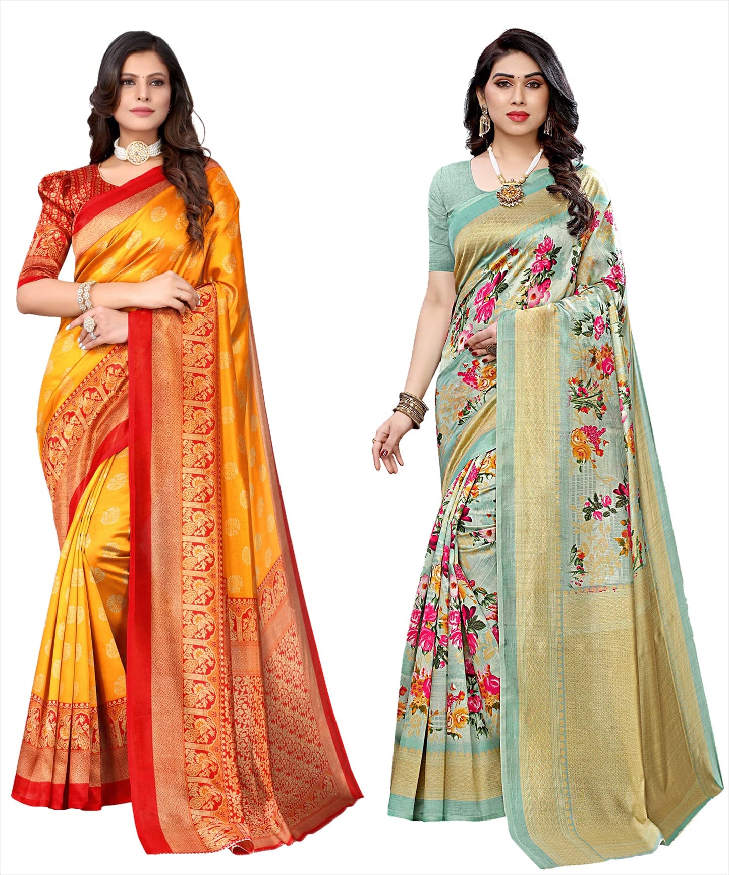 Yashika Womens Combo Art Silk Printed Saree With Blouse Piece Pack Of 2(MINALI MUSTARD-AIR LIGHT GREEN)