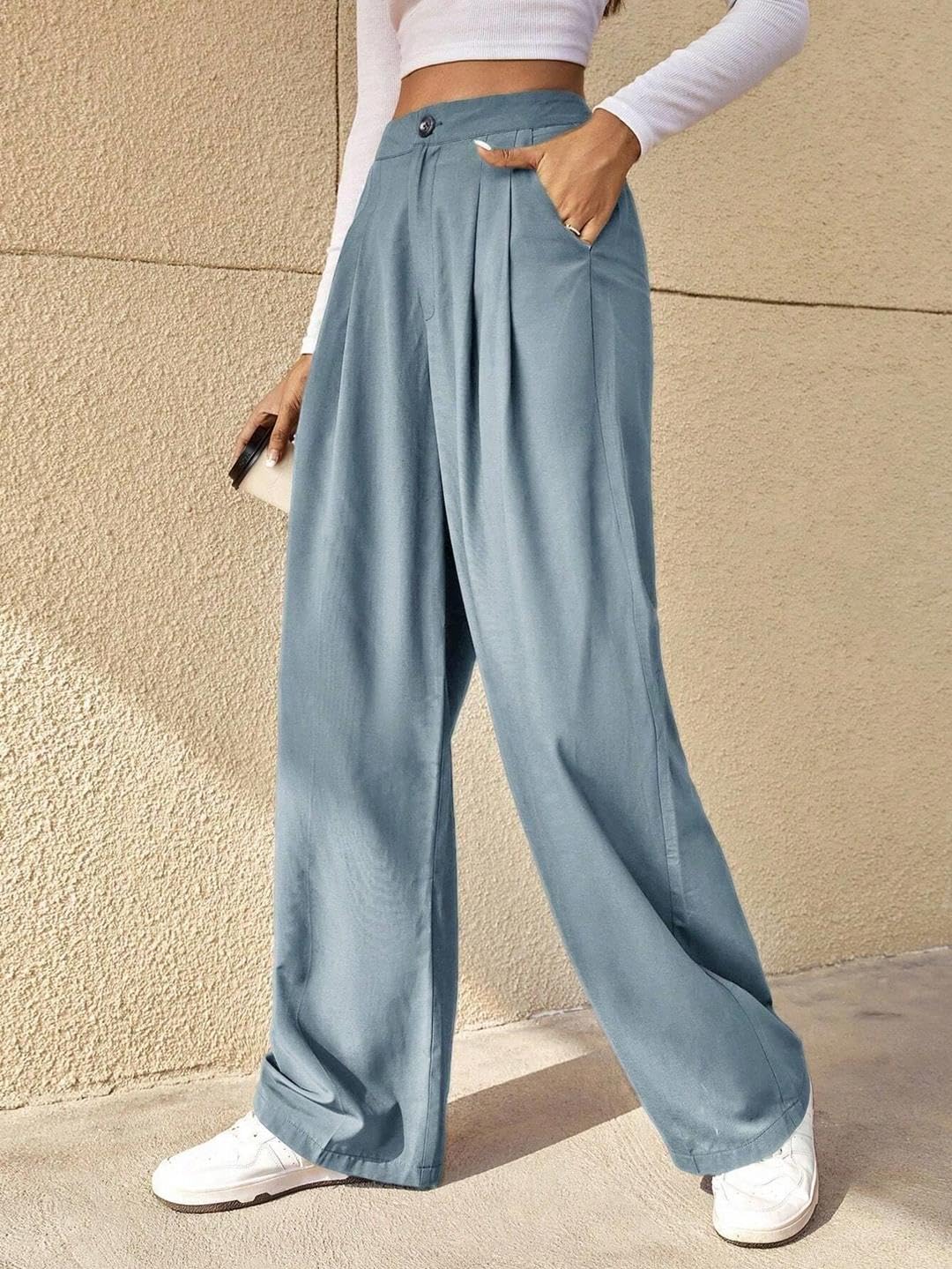 Kotty WomenS Cotton Blend Straight Fit Cross Pocket Solid Trousers Sky Blue