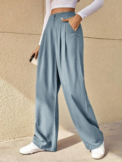 Kotty WomenS Cotton Blend Straight Fit Cross Pocket Solid Trousers Sky Blue
