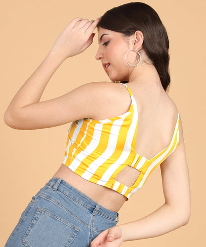 POPWINGS Women Casual Yellow & White Stripe Print Strap Crop Top