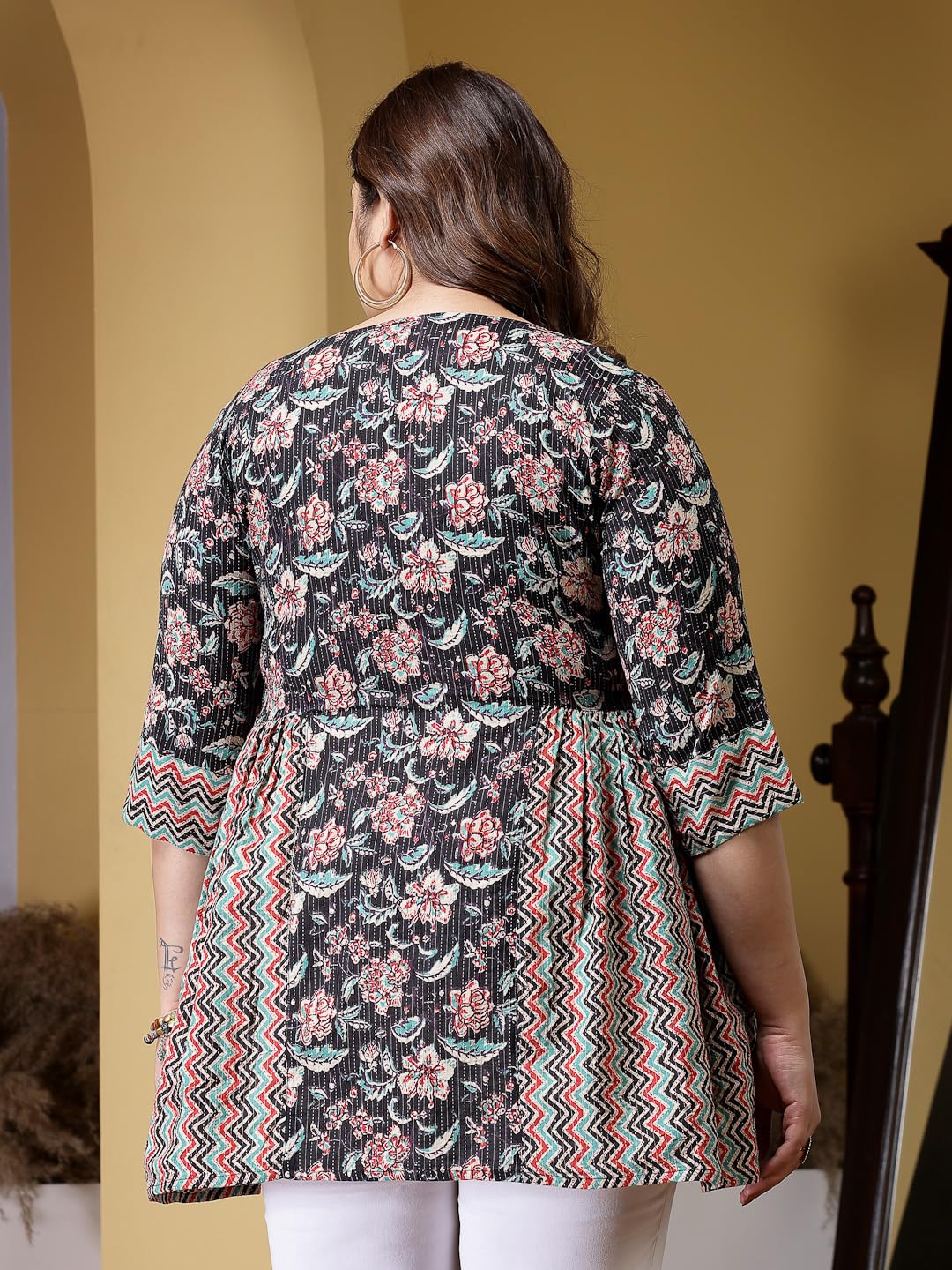 Stylum Womens Plus Size Floral Printed Cotton Peplum Top