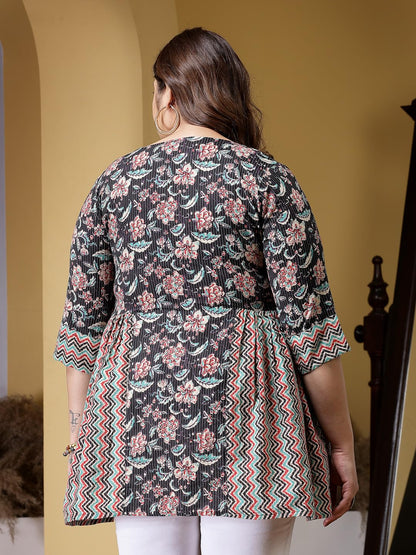 Stylum Womens Plus Size Floral Printed Cotton Peplum Top
