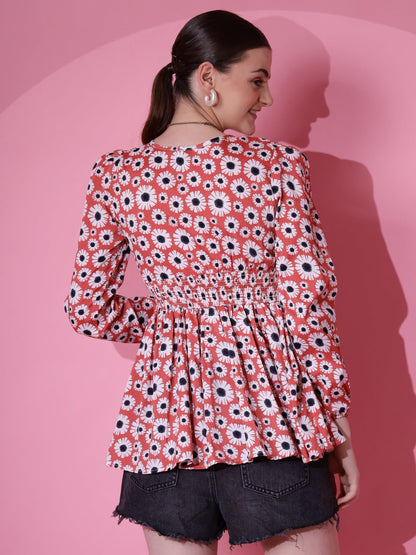 Sheetal Associates Womens Casual Puff Sleeves Floral Print Peplum Top