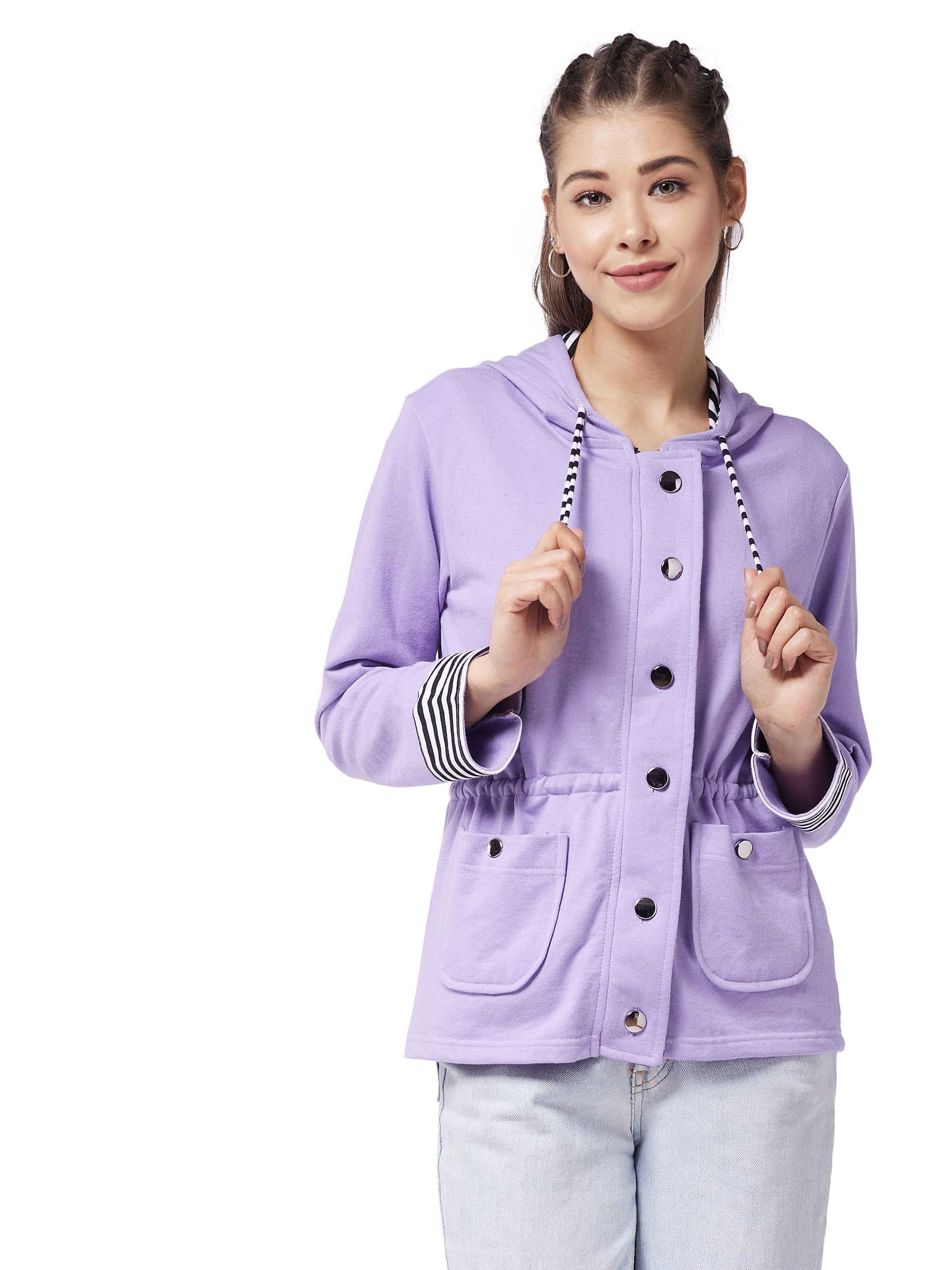 Miss Chase WomenS Multicolor-Base Lavender Hooded Full Sleeve Solid Waist Tie-Up Regular Jacket (Mcaw21Jkt03-25-190-04,Multicol