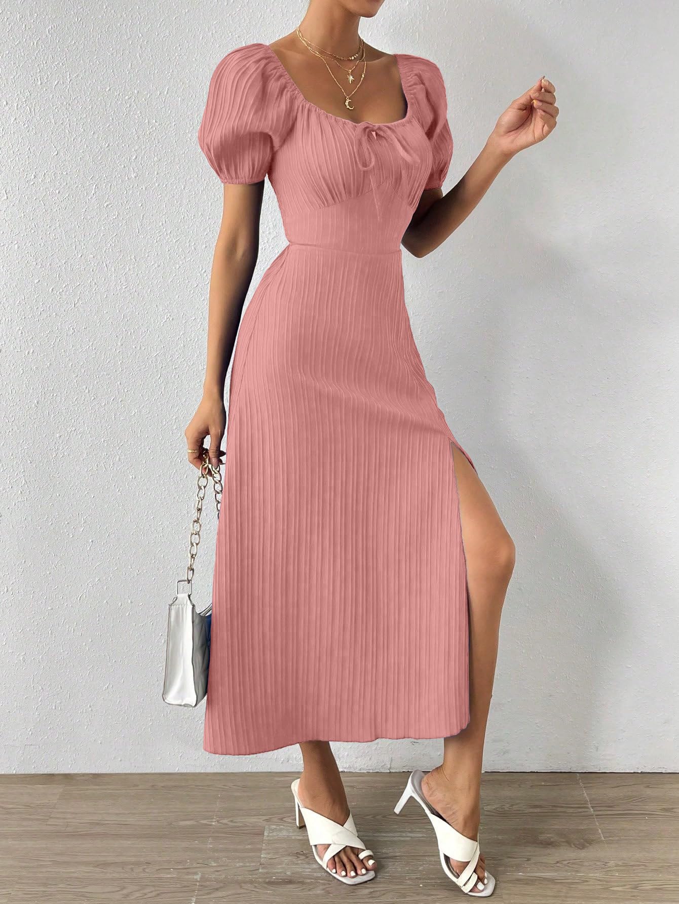 Shasmi Womens & Girls Peach Tie Front Split Thigh Milkmaid Maxi Dress  Square Neck Puff Sleeve A-Line Long Dress, Elegant Casu