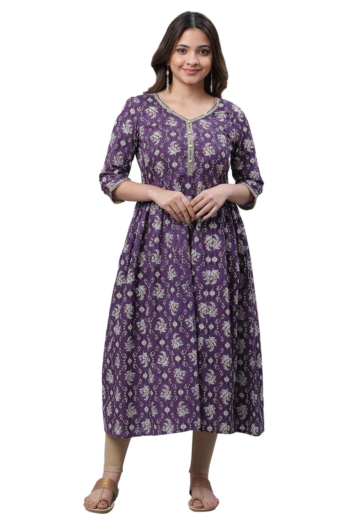 Aurelia WomenS Purple Floral Printed Printed Cotton Regular Kurta