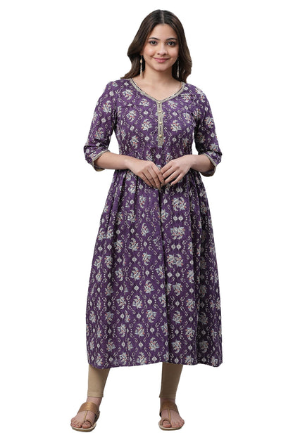 Aurelia WomenS Purple Floral Printed Printed Cotton Regular Kurta