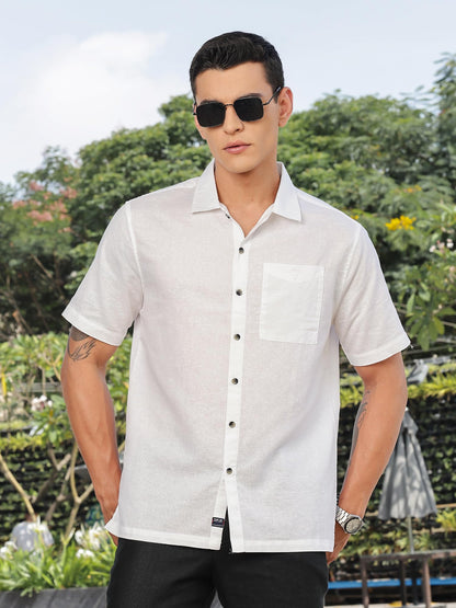 Thomas Scott Mens | Solid | Premium Irish Linen | Half Sleeve | Spread Collar | Casual | Shirt for Men White