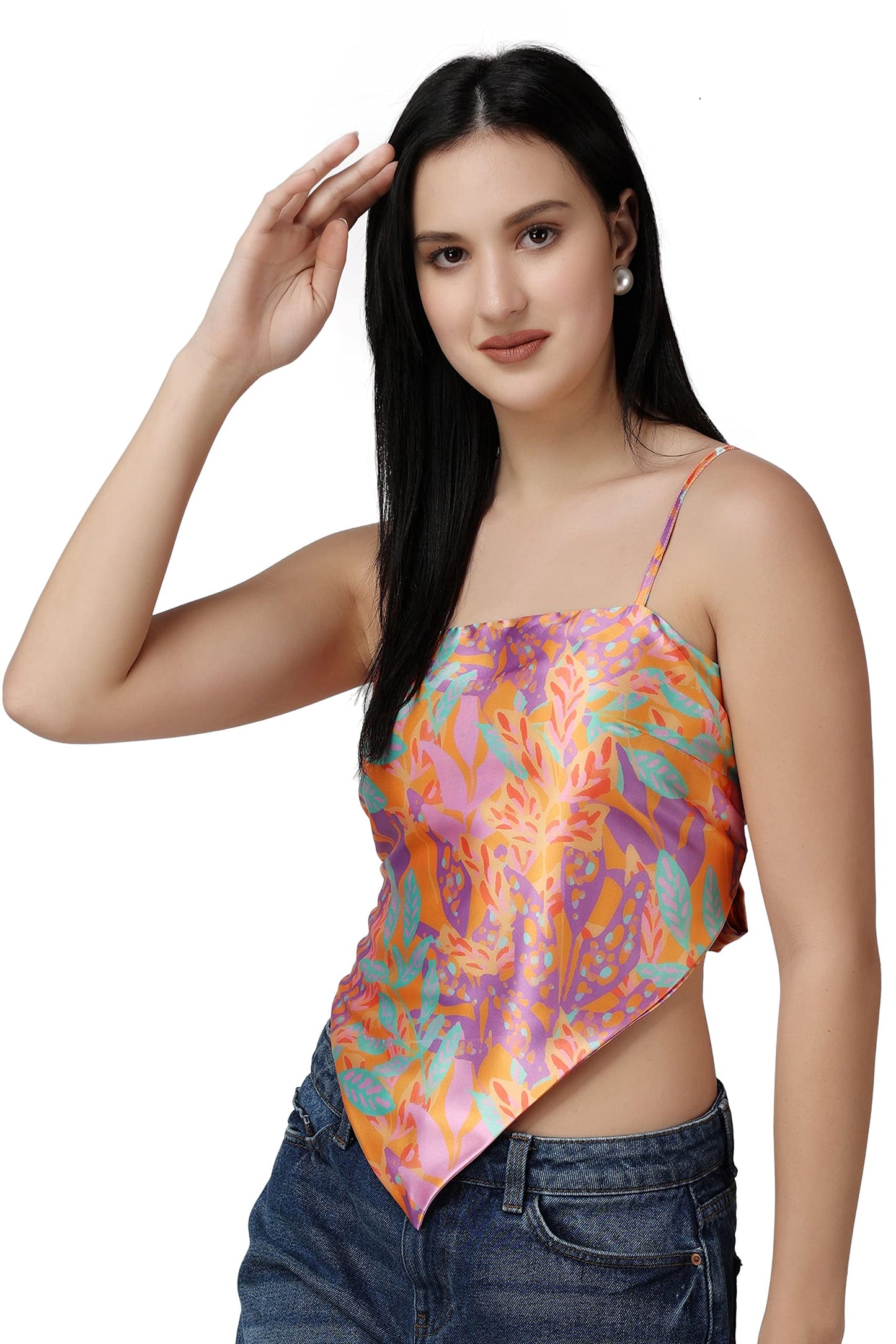 POPWINGS Women Casual Multicolor Printed Regular Satin Scarf Knot Solid Crop Top
