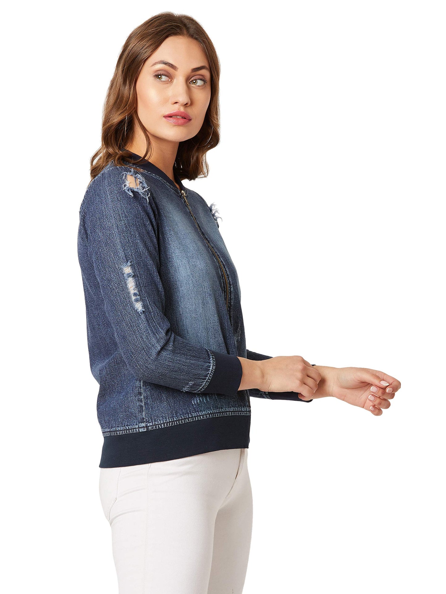 Miss Chase WomenS Denim Navy Blue Solid Bomber Jacket(Mcaw19Den05-55-71-06,Navy Blue,X-Large)