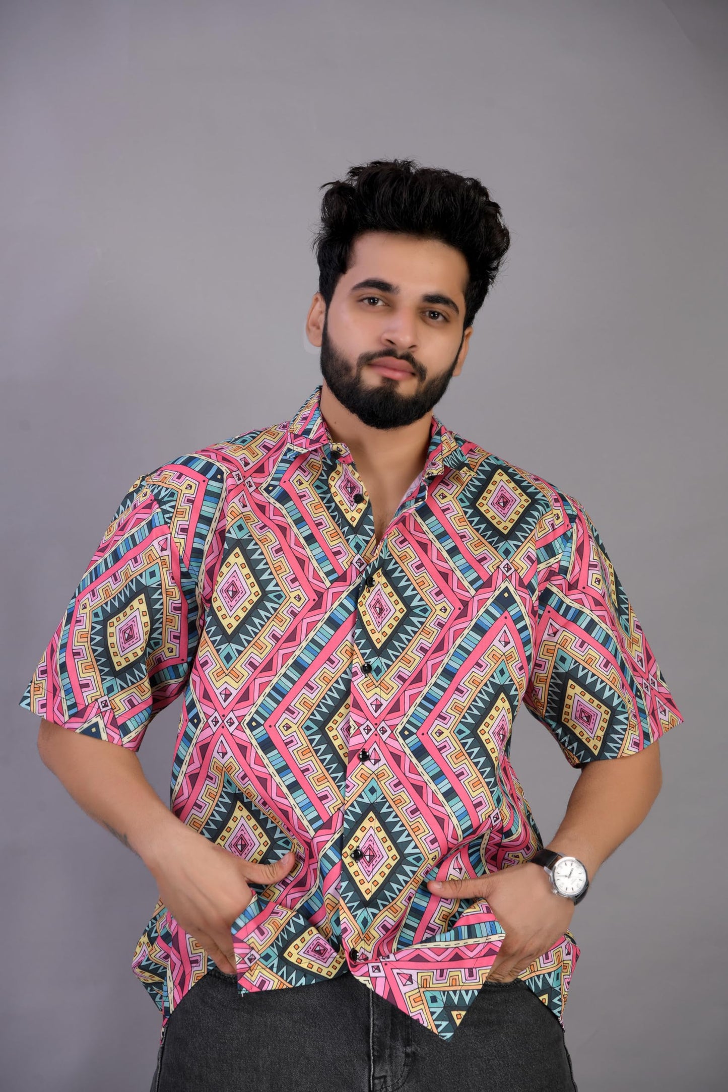 Brown Culture MenS Cotton Blend Abstract Print Shirt With Spread Collared Half Sleeves Standard Length And Button Down Closure