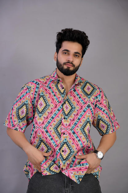 Brown Culture MenS Cotton Blend Abstract Print Shirt With Spread Collared Half Sleeves Standard Length And Button Down Closure
