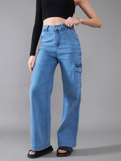 Dolce Crudo Womens Wide Leg High Rise Clean Look Regular Length Stretchable Flared Cargo Style Denim Jeans (DOAW23DEN12-79-158-