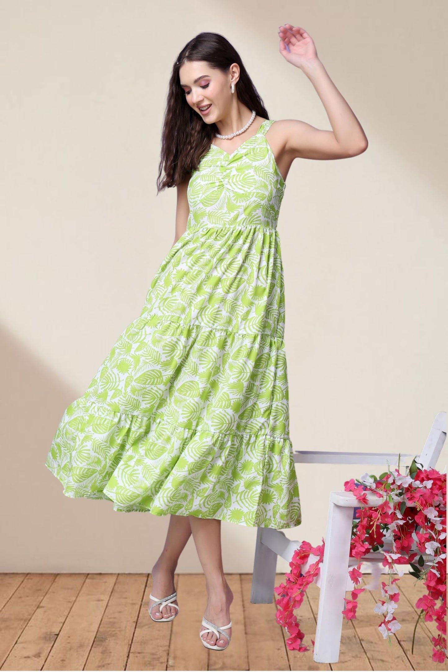 Popwings Casual Georgette Flare Maxi Dress For Women | Sleeveless Long Printed Stylish Dress Green